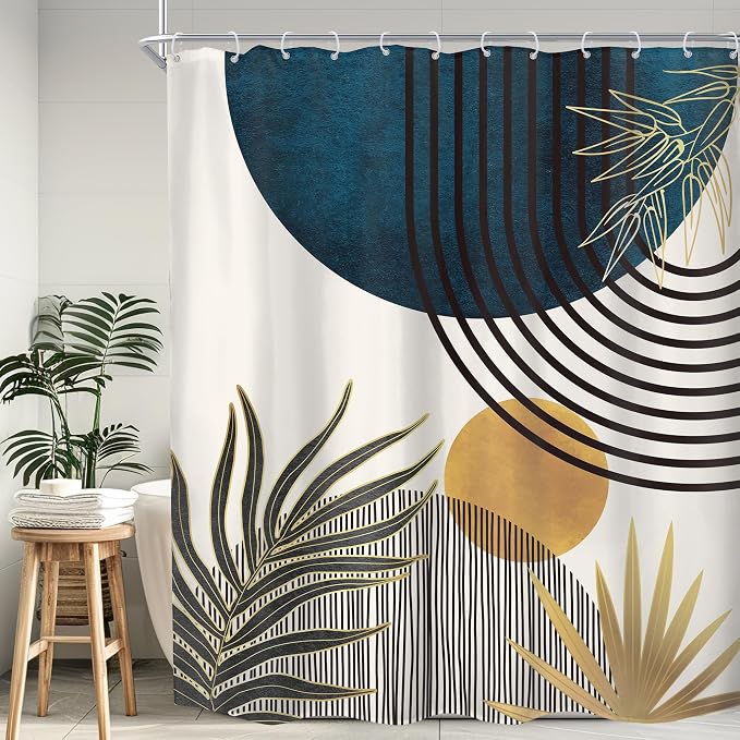 KOMLLEX Mid Century Blue Boho Abstract Modern Bathroom Shower Curtain Set | 60Wx72L Plant Botanical design, waterproof HD print with fast-drying fabric and 12 hooks.