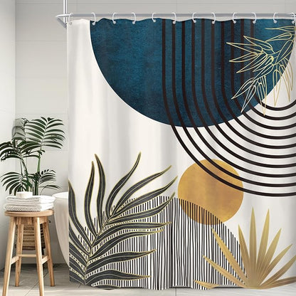 KOMLLEX Mid Century Blue Boho Abstract Modern Bathroom Shower Curtain Set | 60Wx72L Plant Botanical design, waterproof HD print with fast-drying fabric and 12 hooks.