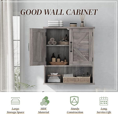 Smuxee Farmhouse Bathroom Cabinet Wall Mounted, Washed Grey Small Medicine Cabinet with Adjustable Shelf, Bathroom Cabinet for Living Room, Laundry Room