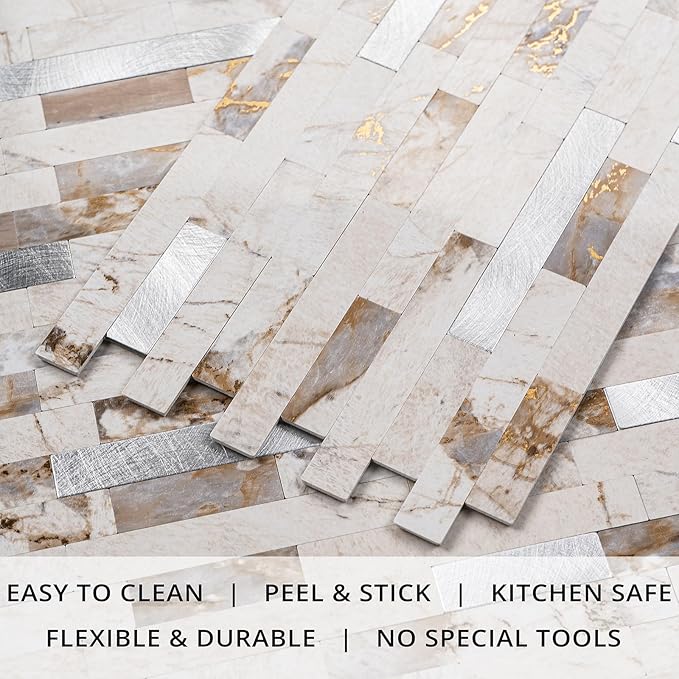 StyloVue 20 Sheets Peel and Stick Backsplash for Kitchen, 2026 Upgraded Ivory Calacatta Marble Look with Silver Metal Accents, Glossy Finish, Stick on Tile for Kitchen Backsplash, RV, Fireplace