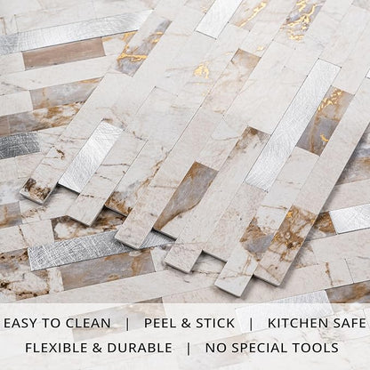 StyloVue 20 Sheets Peel and Stick Backsplash for Kitchen, 2026 Upgraded Ivory Calacatta Marble Look with Silver Metal Accents, Glossy Finish, Stick on Tile for Kitchen Backsplash, RV, Fireplace