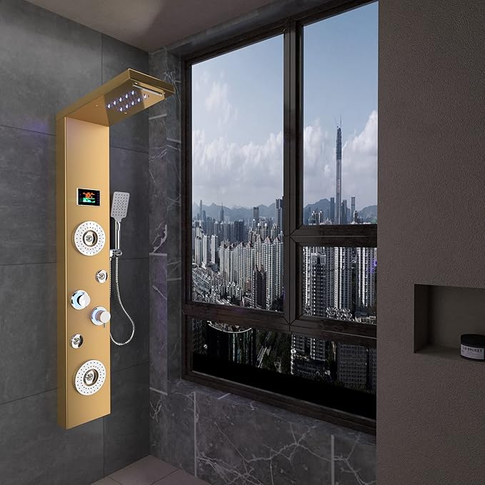 ELLO&ALLO LED Rainfall Waterfall Shower Head Rain Massage System with Body Jets Stainless Steel Bathroom Shower Panel Tower System, Brushed Gold