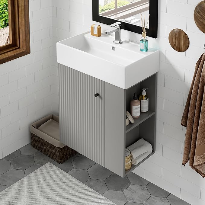 Merax 20 Inch Bathroom Vanity, Floating Sink Vanity Combo, Modern Wall Mount Bathroom Cabinet with Ceramic Integrated Sink for Small Space,Gray
