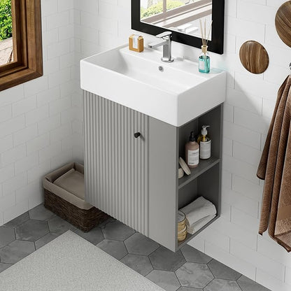 Merax 20 Inch Bathroom Vanity, Floating Sink Vanity Combo, Modern Wall Mount Bathroom Cabinet with Ceramic Integrated Sink for Small Space,Gray