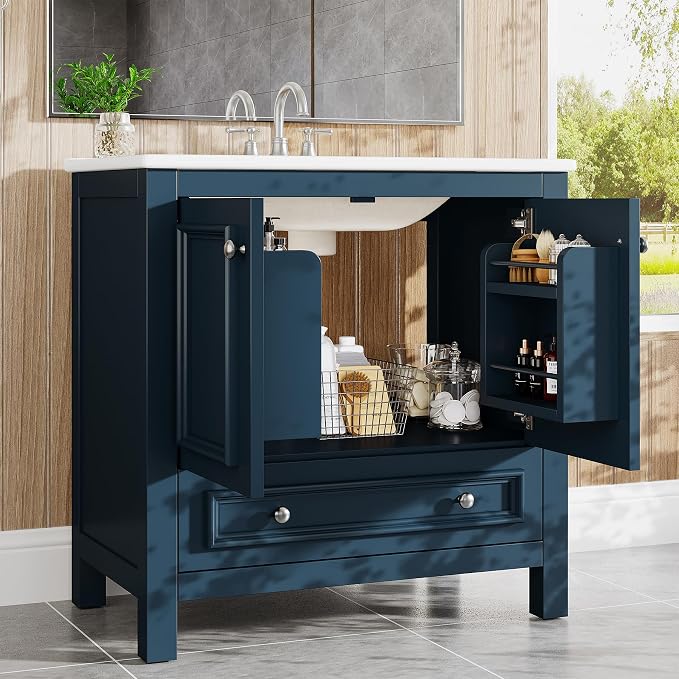 Tribesigns 30" Bathroom Vanity with Sink, Freestanding Bathroom Vanities Cabinet with Ceramic Basin Combo, Bathroom Sink Cabinet with 2 Doors and 1 Drawer, Solid Wooden Frame (Misty Blue, 30 INCH)