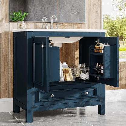 Tribesigns 30" Bathroom Vanity with Sink, Freestanding Bathroom Vanities Cabinet with Ceramic Basin Combo, Bathroom Sink Cabinet with 2 Doors and 1 Drawer, Solid Wooden Frame (Misty Blue, 30 INCH)