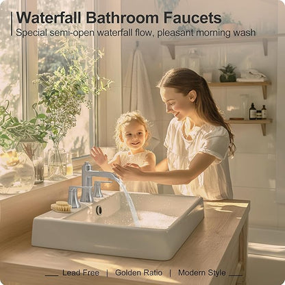 8 Inch Bathroom Waterfall Faucet, Brass Bathroom Faucet Brushed Nickel Bathroom Sink Faucets 3 Hole, 2 Handles Faucets for Bathroom Sinks with Pop-up Drain & Supply Hose