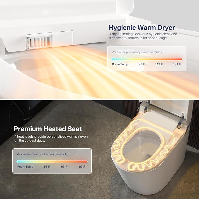 One Piece Smart Bidet Toilet, Wash & Dry, Heated Seat, White Gray | Off Seat Auto Flush, Foot Sensor Flush, Instant Warm Water, Adjustable Wash, Self Cleaning Wand, Pre Wet, Night Light