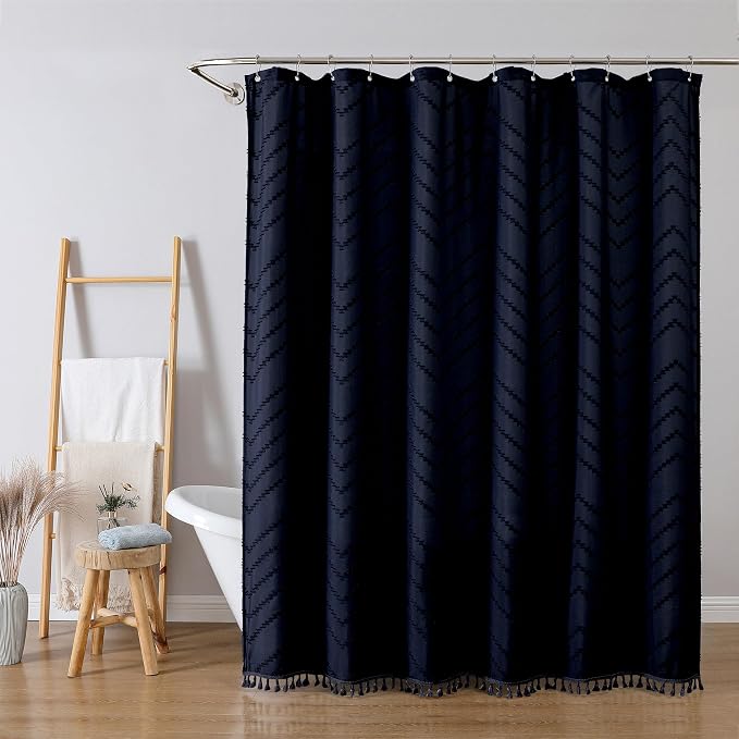 Navy Blue Fabric Shower Curtain, Boho Shower Curtains for Bathroom Chic Tufted Chevron Striped Textured with Tassel, Soft Hotel Style Farmhouse, Machine Washable, 72x78, Navy Blue