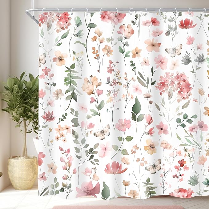 Pink Blush Coral Flower Floral Women Girls Leaf Bathroom Shower Curtain Set | 72"W x 72"H Wildflower Leaves; waterproof HD print, quick-dry fabric and plastic hooks for easy setup.