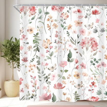 Pink Blush Coral Flower Floral Women Girls Leaf Bathroom Shower Curtain Set | 72"W x 72"H Wildflower Leaves; waterproof HD print, quick-dry fabric and plastic hooks for easy setup.