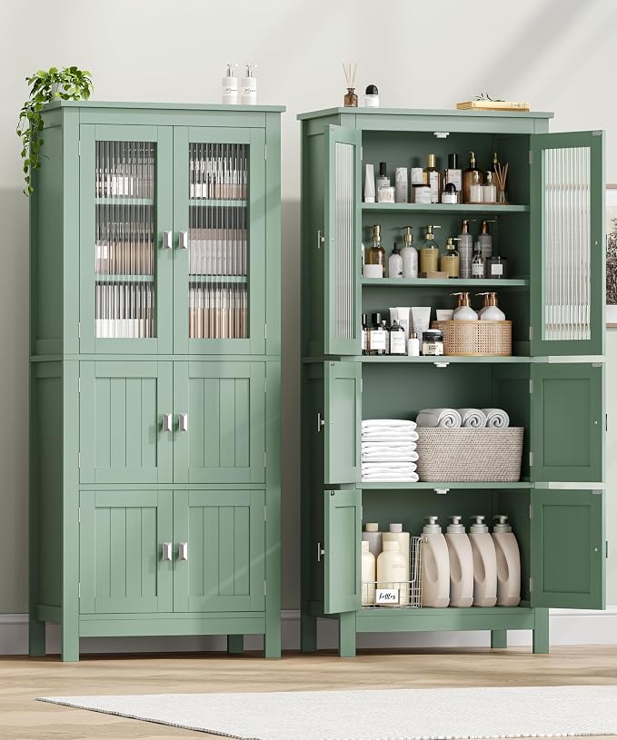 Akxomel 53.1" Tall Bathroom Cabinet 6 Doors Linen Floor Storage Cabinet | Bathroom Floor Cabinet with Adjustable Shelf, Pantry Cabinet for Living Room, Kitchen, Entryway, Green