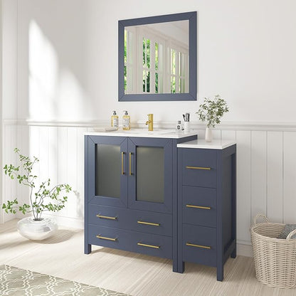 Vanity Art 42 Inch Under Mount Single Sink Bathroom Vanity Cabinet with 1 Mirror, Ceramic Top Bathroom Cabinet Compact Set with 5 Dovetail Storage Drawers and Gold Finish Handles, VA3030-42B