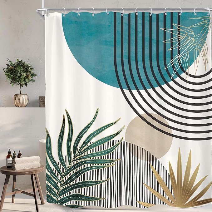 Mid Century Boho Abstract Blue Modern Gray Bathroom Shower Curtain Set | 60Wx72L Sun Arch design, waterproof HD print with fast-drying fabric and 12 hooks.