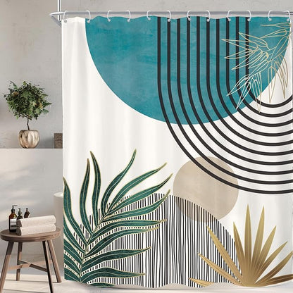 Mid Century Boho Abstract Blue Modern Gray Bathroom Shower Curtain Set | 60Wx72L Sun Arch design, waterproof HD print with fast-drying fabric and 12 hooks.