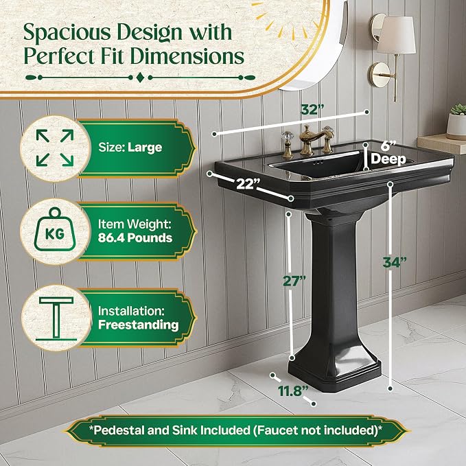 Renovators Supply Manufacturing Victorian 32" W x 34.5" H x 22" Proj. Large Bathroom Black Pedestal Sink, Vitreous China, with Overflow, Compatible with 8 in. Widespread Faucets