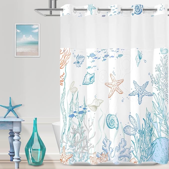 No Hook Shower Curtain and Liner Set, Orange Beach Coastal 71x84 | Nautical Ocean for Bathroom, with Snap in Liner Replacement, Mesh Top Window, Waterproof, Machine Washable, Quick-Drying