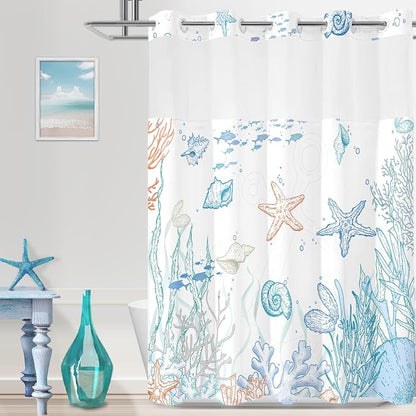 No Hook Shower Curtain and Liner Set, Orange Beach Coastal 71x84 | Nautical Ocean for Bathroom, with Snap in Liner Replacement, Mesh Top Window, Waterproof, Machine Washable, Quick-Drying