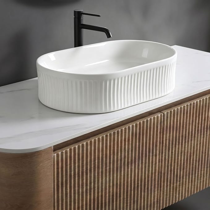 48" Preassembled Floating Bathroom Vanity with White Sink, Oak | Mid-Century Modern Style, Fluted & Soft-Close Drawer with U-shaped Wall, Sinterted Stone Countertop, Towel Rack Included