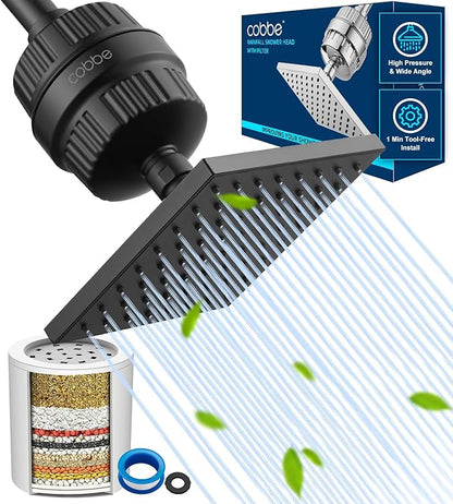 Cobbe High Pressure Filtered Shower Head with Filters for Hard Water Combo | Rain Showerheads with 20 Stage Water Softener for Healthier Skin & Hair Remove Chlorine and Harmful Substances, Matte Black