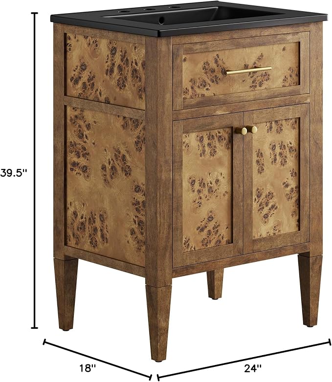 Modway Elysian 24" Burl Wood Bathroom Vanity in Black Brown with Ceramic Sink Basin