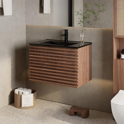eclife 30" Floating Bathroom Vanity with Sink Combo, Mid-Century Wall Mounted Cabinet with Wood Stripes Decor, Drawers, Undermount Single Black Sink, Faucet, Drain, Cocoa Brown