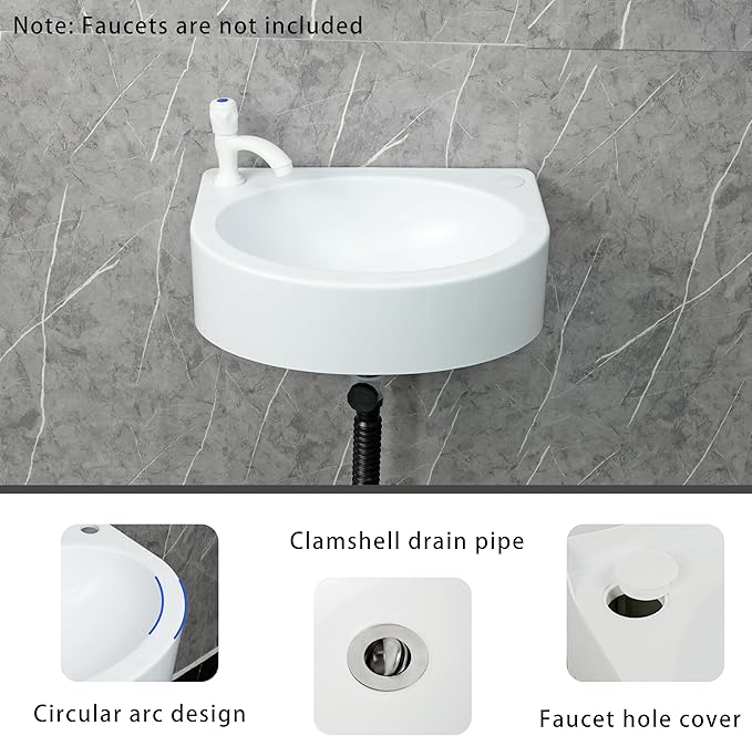 Wall Mount Bathroom Sink 17.7"x13.4" No-Drill Installation Self-Adhesive Wash basin with 1.26 Faucet Hole Bathroom Sinks Floating Vanity Sink for Lavatory Room Basin Plastic Rv Sink for Home Garage