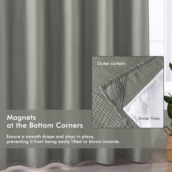 No Hook Gray Shower Curtain with Snap-in Fabric Liner 71x74 | Embossed Waffle-Look Textured, Sheer Window, Soft & Lightweight, Water Repellent Fabric Shower Curtain for Bathroom