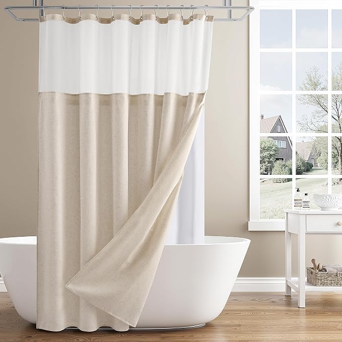 Extra Long Linen Shower Curtain 84 Inch Beige White Double Layer | 7ft, Curtains with Hook for Bathroom, Snap in Liner, Water Repellent, Boho Farmhouse, Modern Bath Decor, 1 Panel, 72x84