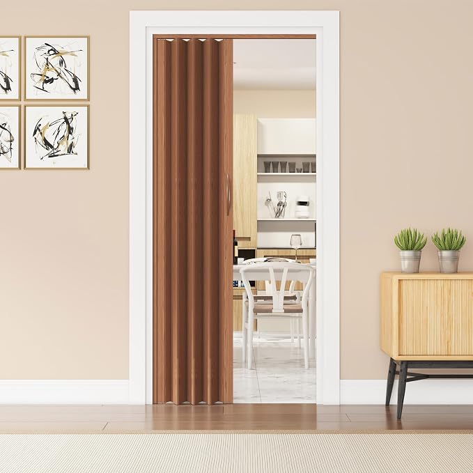 48" x 80" Premium Foldable Accordion Door,Heavy Duty,Walnut | Foldable accordion doors w/ double‑walled heavy‑duty panels, ideal as interior room dividers for privacy, space‑saving design