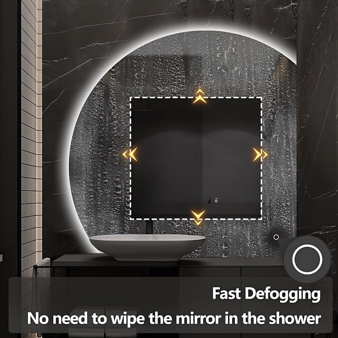 48" Half Moon LED Bathroom Mirror, Backlit Wall Mirror with Lights | Frameless Vanity Mirror with 3 Color Dimmable, Anti Fog, HD Shatter-Proof, IP65 Waterproof, Memory, CRI95+, Right/Left Cut