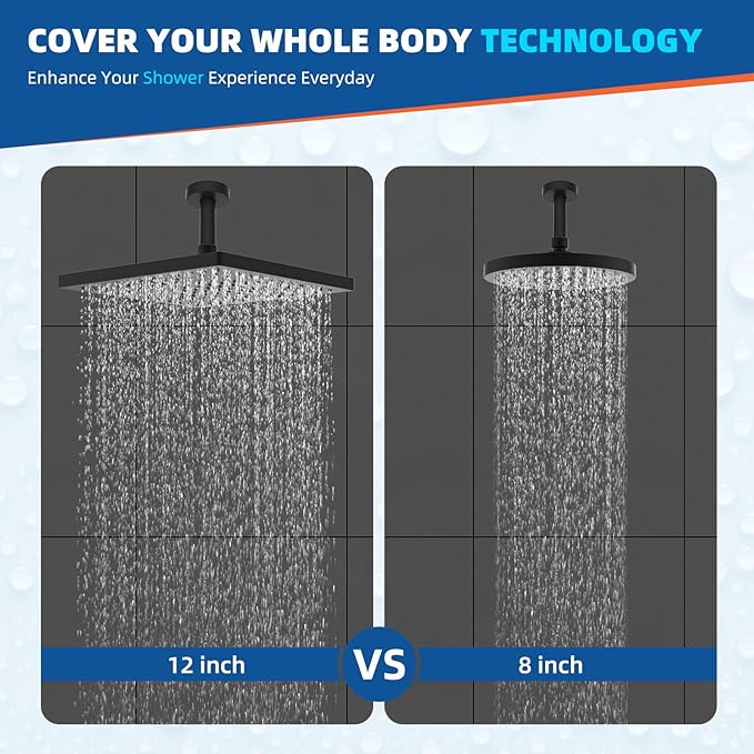 Hibbent cUPC Certified High Pressure 12'' Rain Shower Head, Matte Black | Thickness Metal Showerhead, Square Large Bathroom Rainfall Shower Head, Adjustable Brass Ball, Waterfall Full Body Coverage