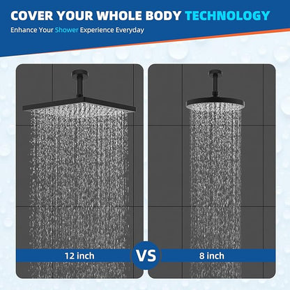 Hibbent cUPC Certified High Pressure 12'' Rain Shower Head, Matte Black | Thickness Metal Showerhead, Square Large Bathroom Rainfall Shower Head, Adjustable Brass Ball, Waterfall Full Body Coverage
