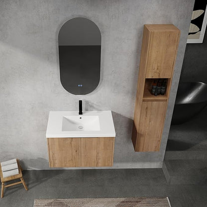 SSLine 30-Inch Single Bathroom Vanity Modern Wall Mounted Bathroom Vanity with Sink 30" Small Floating Bathroom Vanities Set with 2 Side Storage Cabinets,Brown White