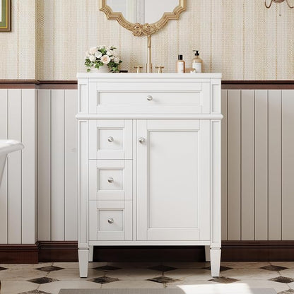 Merax 24 Inch Bathroom Vanity with Ceramic Sink, Solid Wood Frame Modern Bathroom Sink Storage Cabinet with 2 Drawers and a Tip-Out Drawer, Single Sink Bathroom Vanities, White
