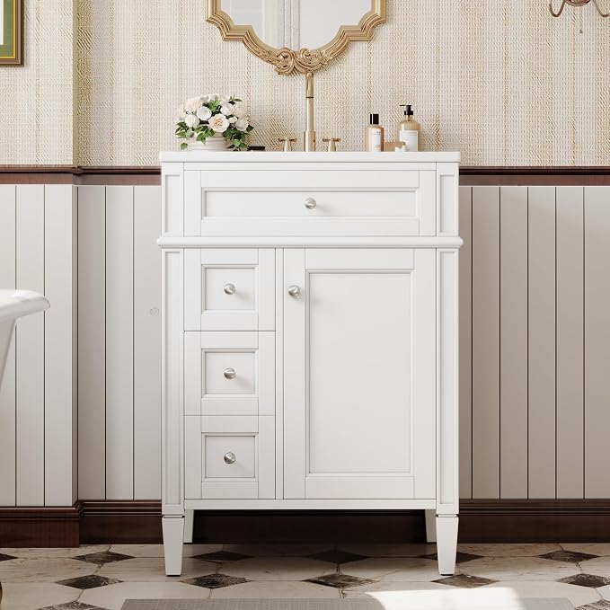 Merax 24 Inch Bathroom Vanity with Ceramic Sink, Solid Wood Frame Modern Bathroom Sink Storage Cabinet with 2 Drawers and a Tip-Out Drawer, Single Sink Bathroom Vanities, Black