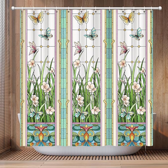 Flower Butterfly Shower Curtain, Glaze Glass Chinese Screen Window Shower Curtain Green Floral Shower Curtain Sets Waterproof Polyester Fabric Machine Washable Home Farmhouse Decor Bath Curtains