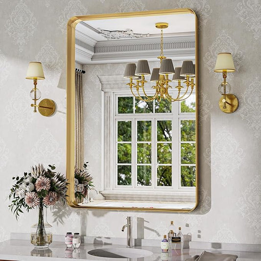 Bathroom Mirrors for Over Sink 24 x 32 Inch Rounded Rectangle Bathroom Vanity Mirror Bathroom Mirror for Wall Hangs Horizontally or Vertically for Living Room Bedroom Entryway Gold
