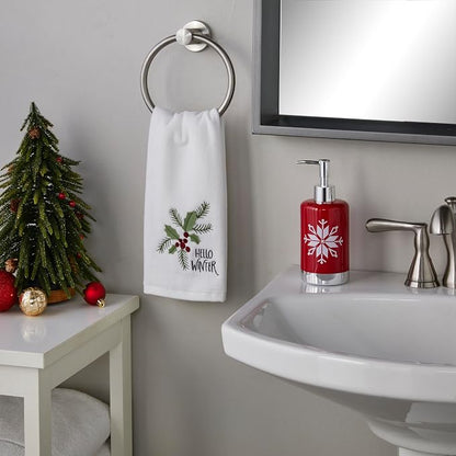 SKL Home Hello Winter Holly Hand Towel Set-2pc, 100% Cotton, White | Soft, embroidered velour with 3D applique. Great for the bathroom, kitchen or bar & holiday gifting.