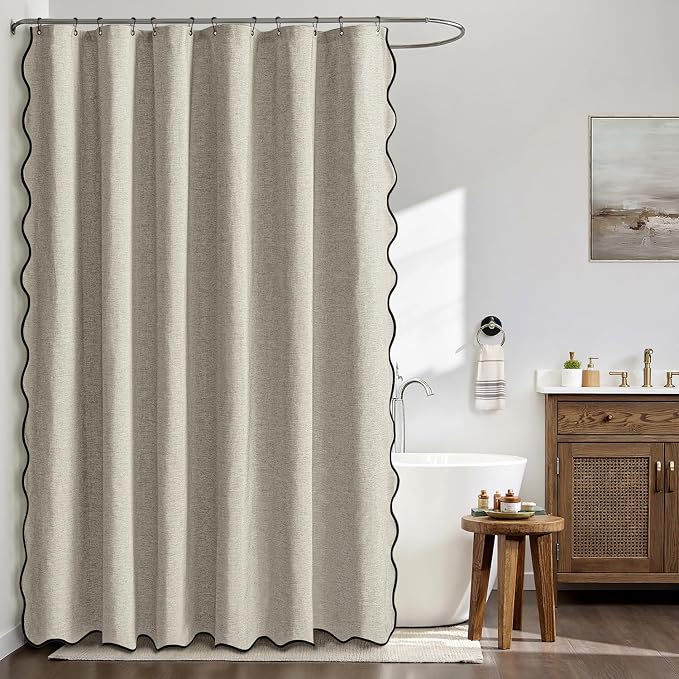 MIULEE Linen Scalloped Linen Shower Curtain 72x72 Inches | Linen Textured, Waterproof, Washable, 12 Metal Hooks, Heavy Duty Cloth, Black Border, Shower Curtain for Bathroom Bathtub