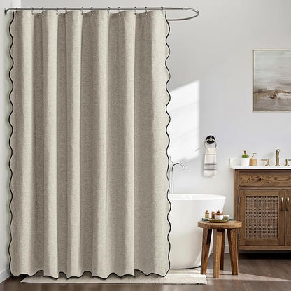 MIULEE Linen Scalloped Linen Shower Curtain 72x72 Inches | Linen Textured, Waterproof, Washable, 12 Metal Hooks, Heavy Duty Cloth, Black Border, Shower Curtain for Bathroom Bathtub