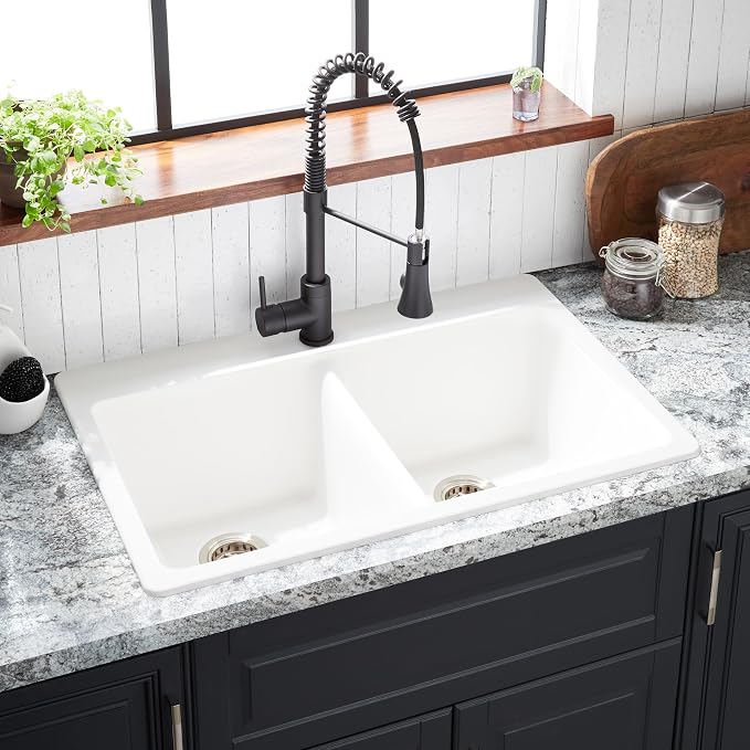 Signature Hardware 447672 Totten 33" Drop In or Undermount 50/50 Double Basin Granite Composite Kitchen Sink | Drop In / Undermount, Granite Composite, Black - White