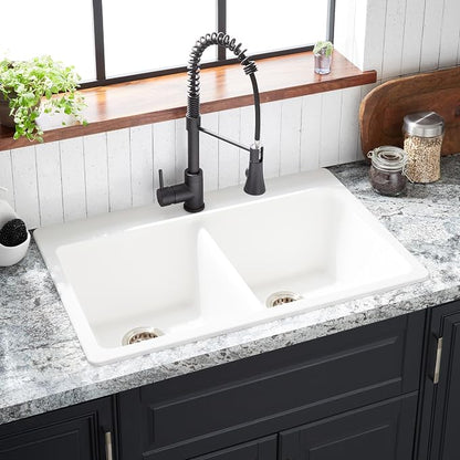 Signature Hardware 447672 Totten 33" Drop In or Undermount 50/50 Double Basin Granite Composite Kitchen Sink | Drop In / Undermount, Granite Composite, Black - White
