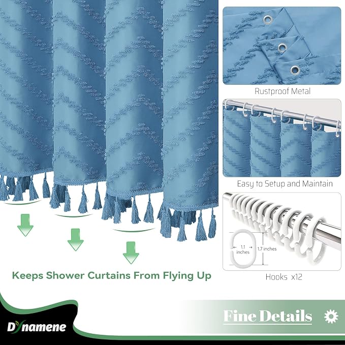 Extra Long Boho Shower Curtain Tufted Chevron 72x96 Moonlight Blue | 96 Inch Tall, Elegant Tassel, Lightweight Textured Fabric, Water Repellent, Washable, Hotel Spa, for Bathroom/Dorm 12 Hooks