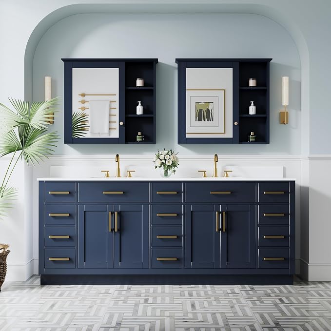 84-Inch Bathroom Vanity with Double Sinks W/ 4 Doors & 12 Drawers & 2 Flip Drawers, Navy Blue Vanity W/Brushed Gold Handles