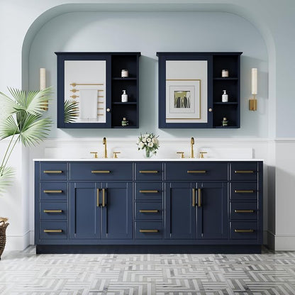 84-Inch Bathroom Vanity with Double Sinks W/ 4 Doors & 12 Drawers & 2 Flip Drawers, Navy Blue Vanity W/Brushed Gold Handles