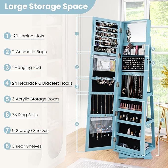 GOFLAME 360° Rotating Jewelry Armoire, Lockable Jewelry Cabinet with Full-Length Mirror & Inner Makeup Mirror, Standing Jewelry Storage Organizer with Rear Storage Shelves, Sky Blue