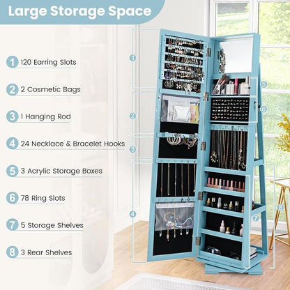 GOFLAME 360° Rotating Jewelry Armoire, Lockable Jewelry Cabinet with Full-Length Mirror & Inner Makeup Mirror, Standing Jewelry Storage Organizer with Rear Storage Shelves, Sky Blue