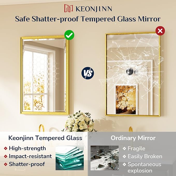 Keonjinn 60" x 36" Gold Bathroom Mirrors, Secure French Cleat Installation | Tempered Glass with Beveled Edge, Aluminum Alloy Frame, Anti-Rust, Large, Brushed Gold Bathroom Vanity Mirror for Wall