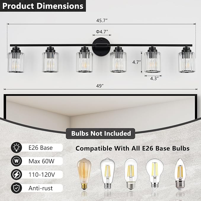 Modern 6-Light Black Vanity Light, 45.7" Crystal Bathroom Light Fixture, Vanity Lights with Clear Crystal Shades, E26 Base Wall Sconces Over Mirror for Bathroom Powder Room